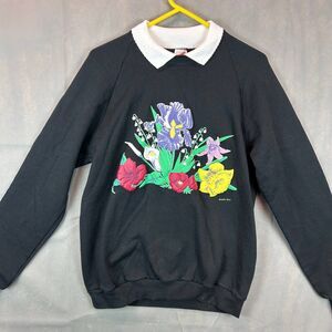 Jerzees Sweatshirt Women Size XL Black Floral Graphic Pullover Mock Collar USA